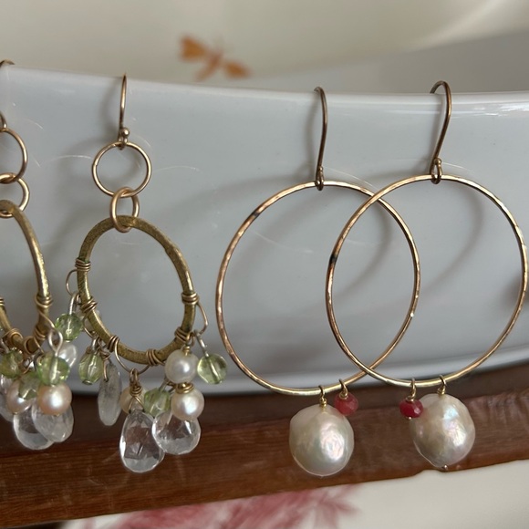Elegant Gold and Pearl Hoop Dangle  Earrings by Loie handmade. - Picture 1 of 3